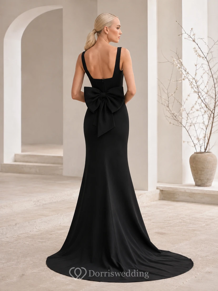 Modern Black Square Neck Sleeveless Bow Back Satin Sheath Sweep Train Wedding Dress view 2