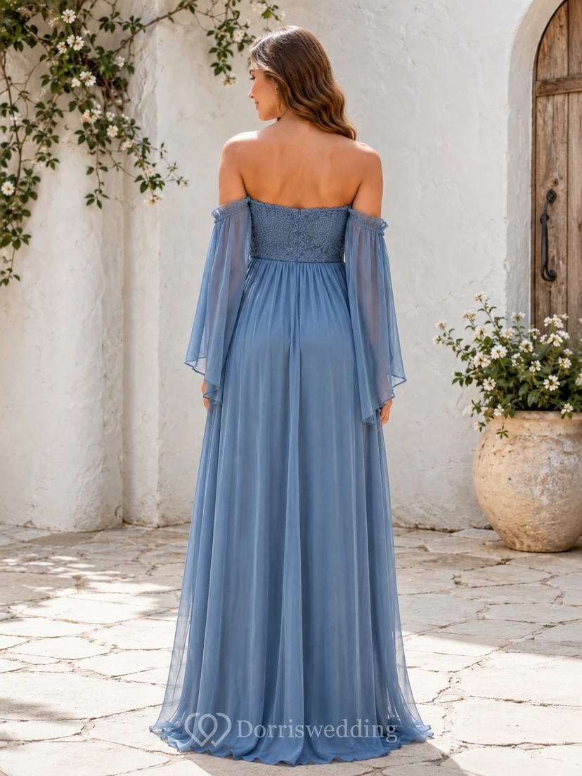 Robe de maternité bleu acier en mousseline à épaules dénudées et manches empire, épaules évasées view 2