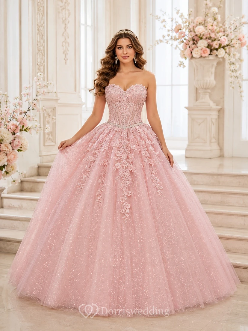 Zartrosa, trägerloses Luxus-Ballkleid für Quinceañeras mit floralen Applikationen