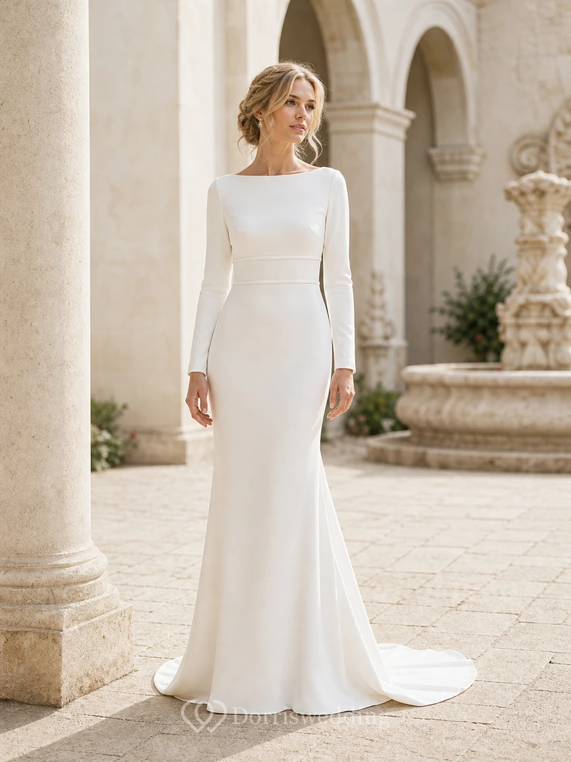 Modest Long Sleeve White Wedding Dress | Simple Formal Temple Lds Bridal Gown view 6