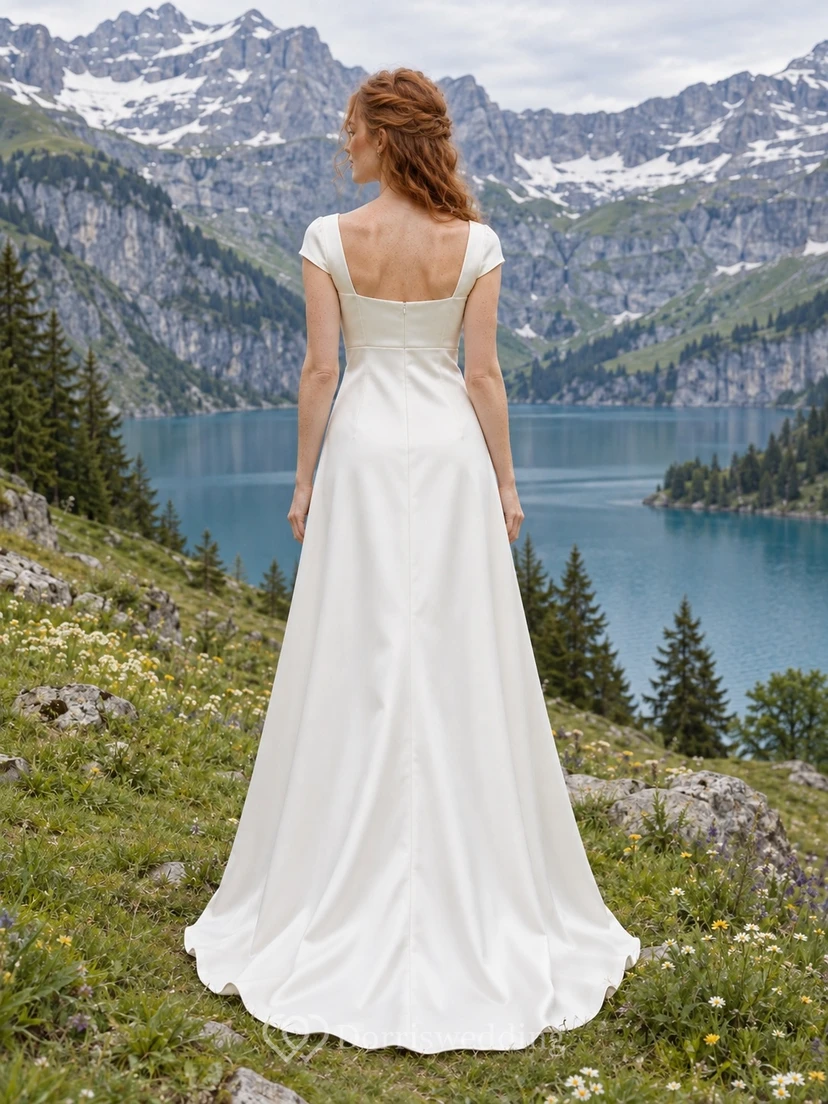 Vestido de novia sencillo de satén, corte recto, escote cuadrado, mangas cortas, cintura natural y cola larga. view 2