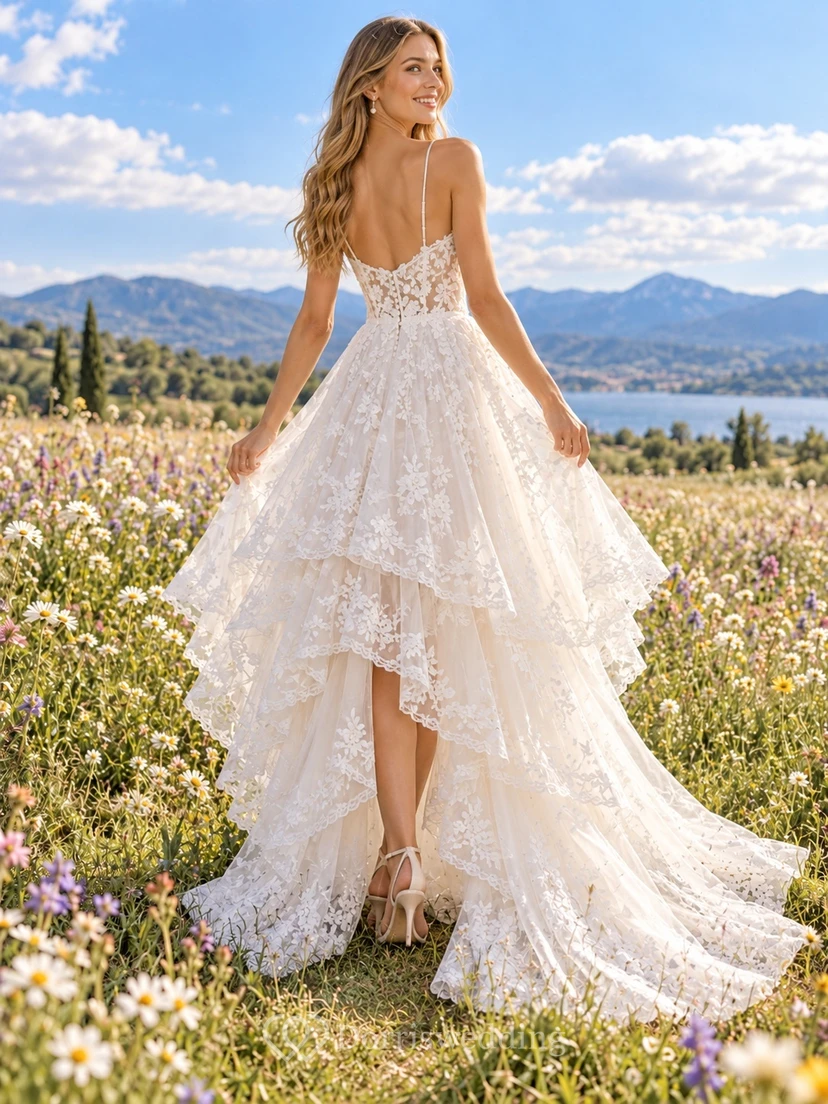 Boho High-low Spaghetti Strap Floral Lace A-line Train Wedding Dress view 2