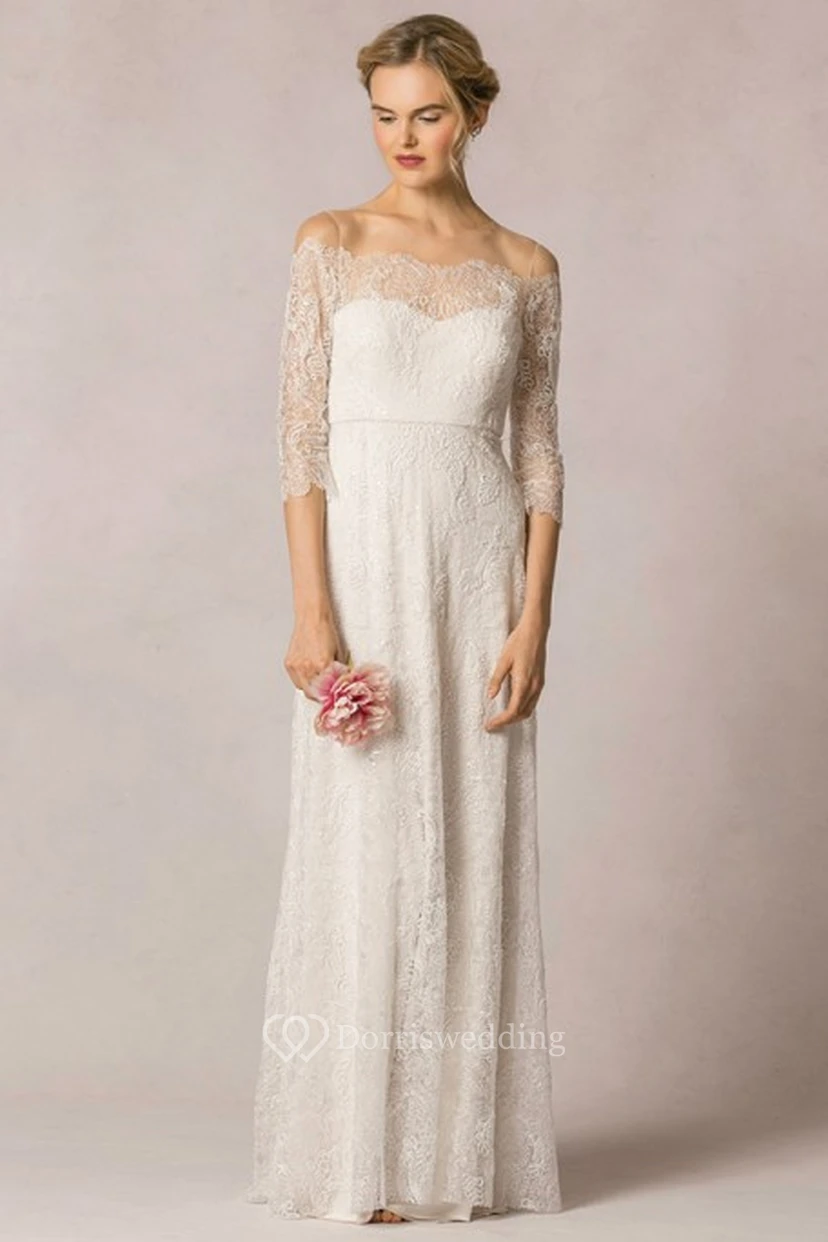 Vestido de novia de encaje largo hasta el suelo con escote Bardot y mangas 3-4