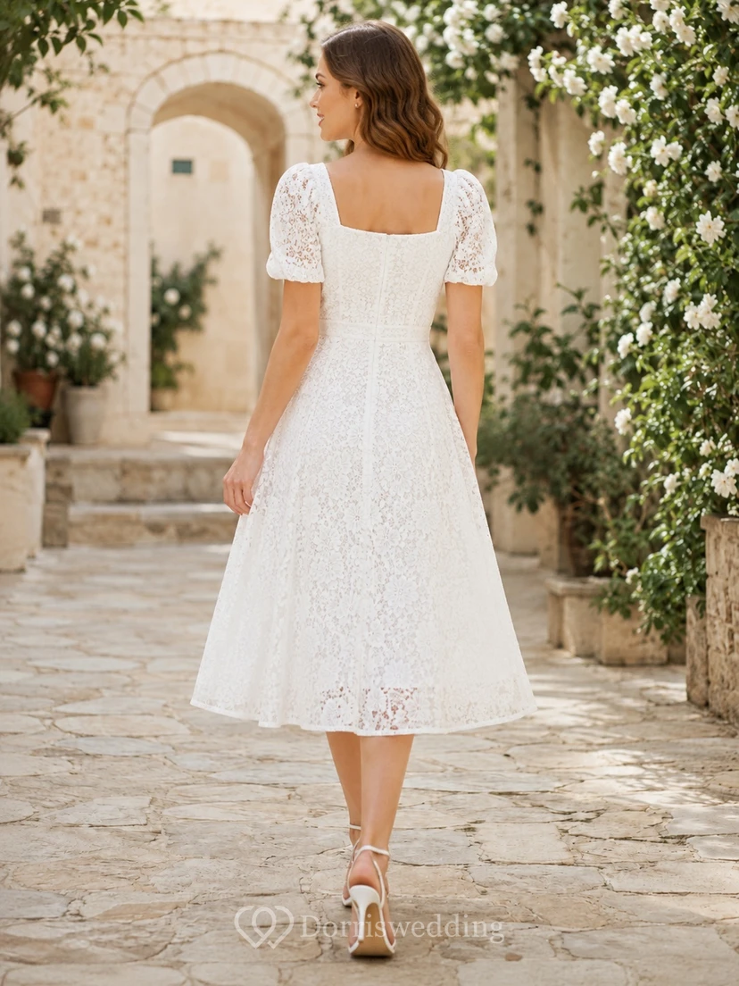 Vintage Tea-Length Lace A-Line Square Neck Short Sleeve Wedding Dress view 2