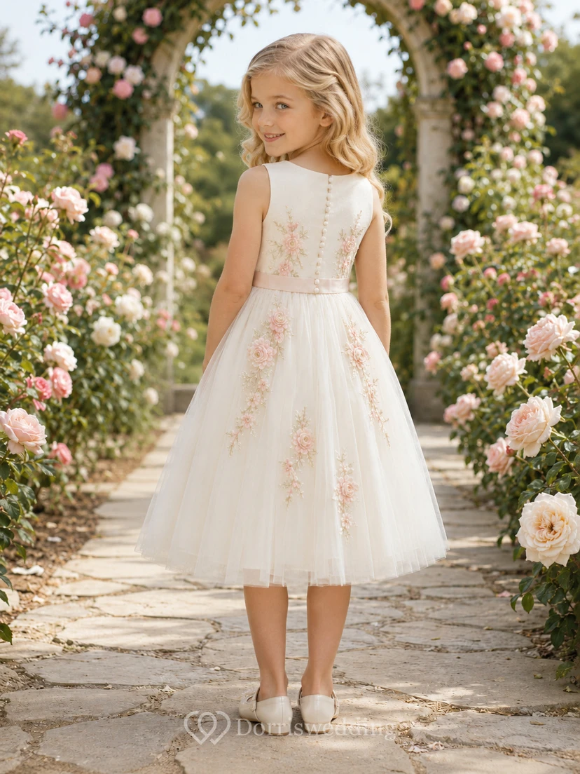 Robe de demoiselle d'honneur élégante et romantique, coupe trapèze, avec jupe en tulle, corsage sans manches et délicats détails floraux. view 2