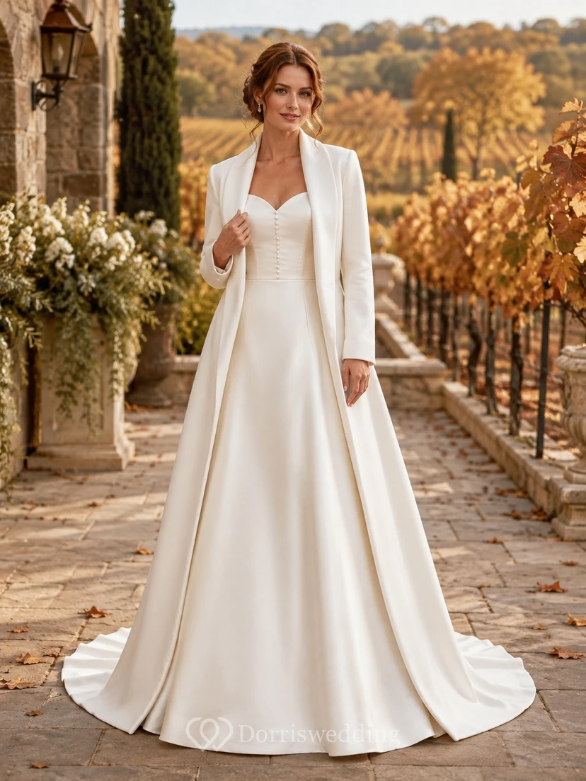 Vestido de novia formal modesto de manga larga con escote corazón y corte en A.