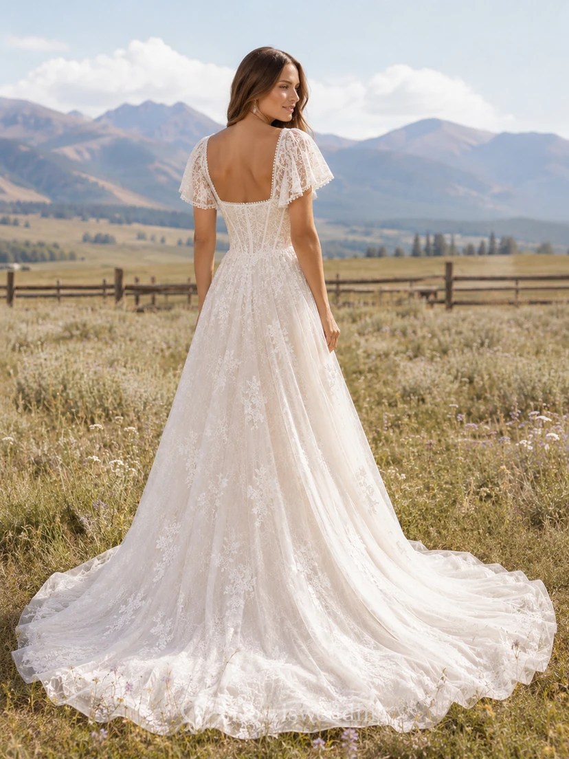 Country Lace Wedding Dress A-Line Sweetheart Flutter Sleeve Sweep Train Low V Back Bridal Gown view 2