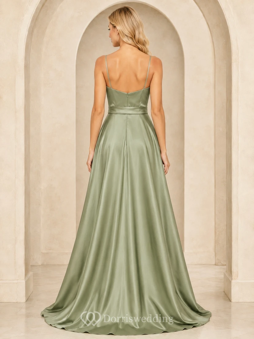 Sage Green Cowl Neck Split Satin A-Line Floor-Length Elegant Formal Gown view 2