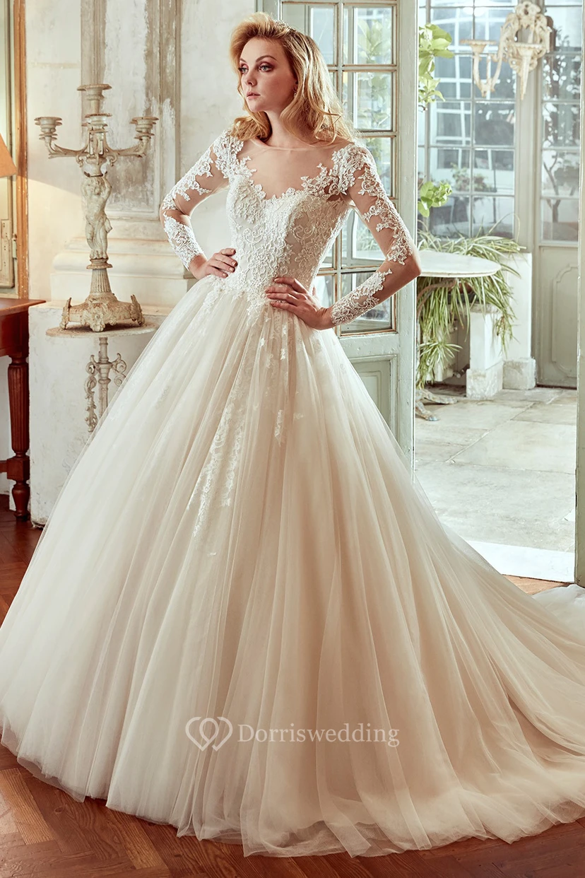 Long-Sleeve V-Neck Wedding Dress With Pleated Skirt And Open Back