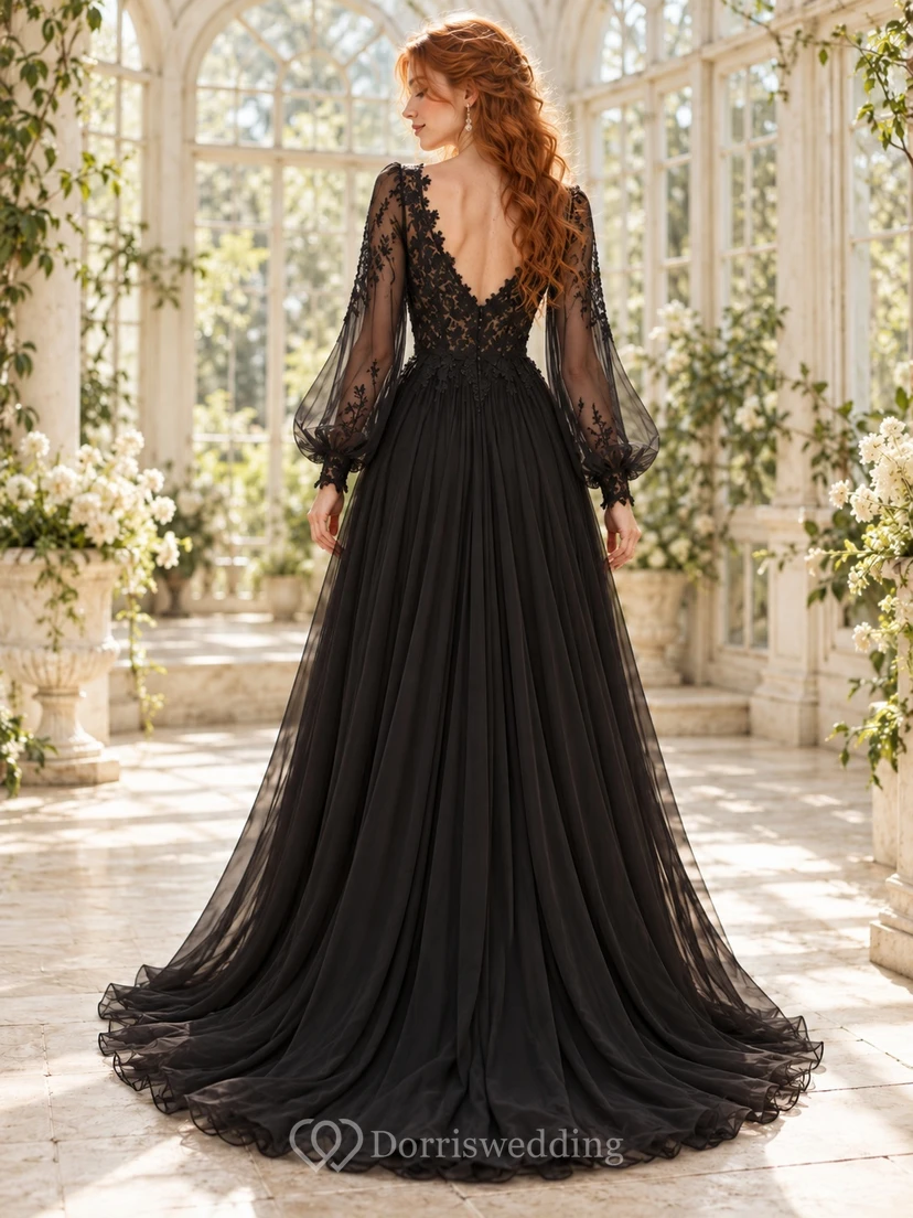 Black Long Poet Sleeve V-neck Lace Chiffon Wedding Dress view 2