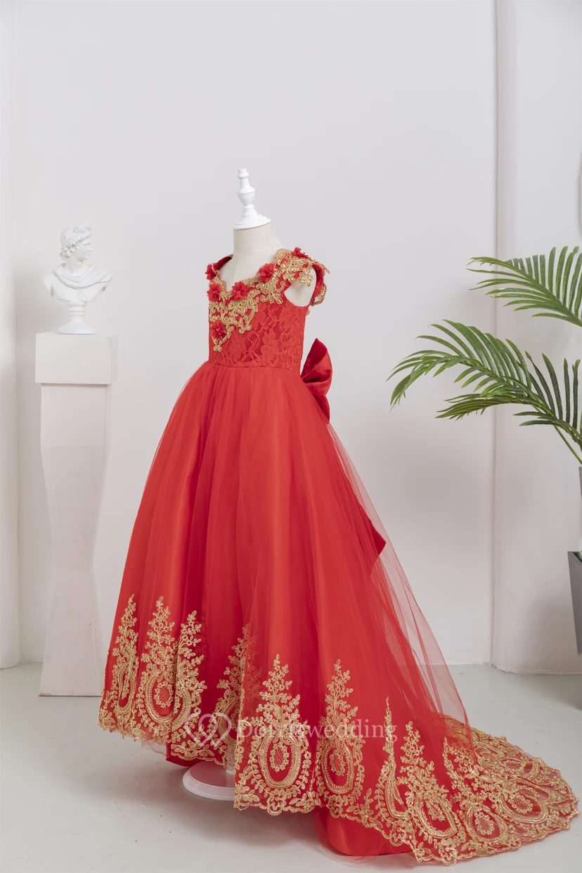 Cap Red Ball Gown Applique Flowergirl Dress with Pop up Petal view 4