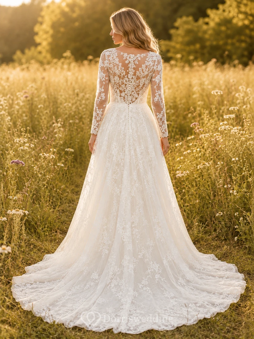 Robe de mariée bohème en dentelle à manches longues, coupe trapèze, style prairie view 2