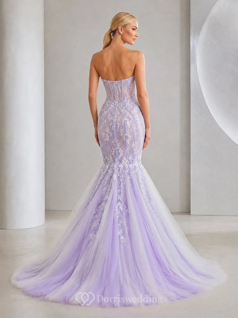 Lavendelfarbenes Meerjungfrauen-Brautkleid aus Spitze und Tüll, trägerlos, ärmellos, mit Schleppe view 2