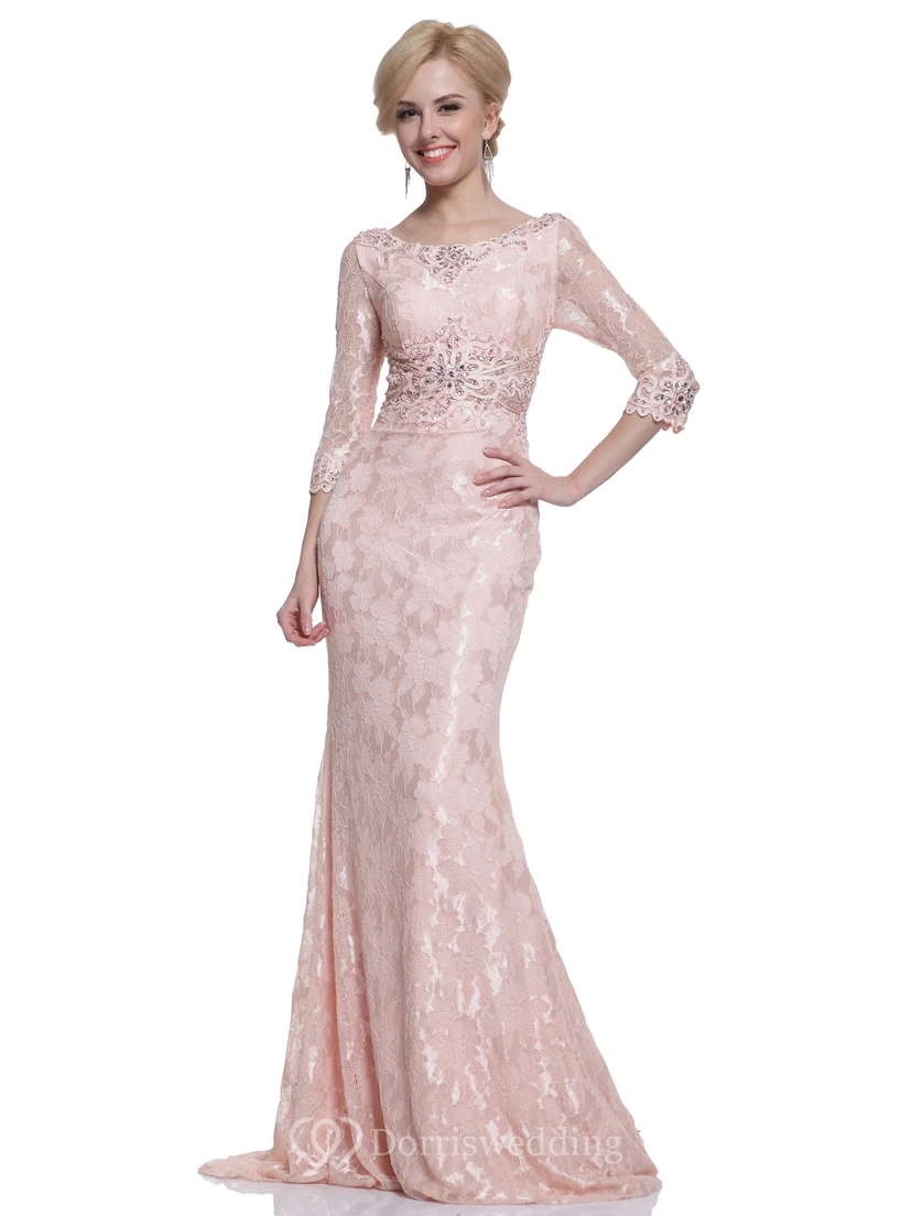 Sheath Maxi Scoop-Neck Half Sleeve Lace Brush Train Dress With Beading