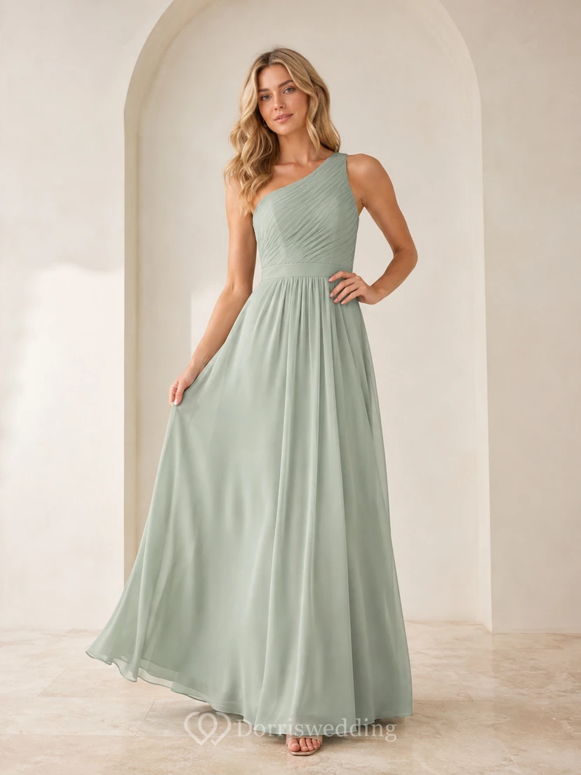 Elegante vestido de noche de dama de honor de gasa color celadón, sin mangas, con un solo hombro y corte en A, largo hasta el suelo.