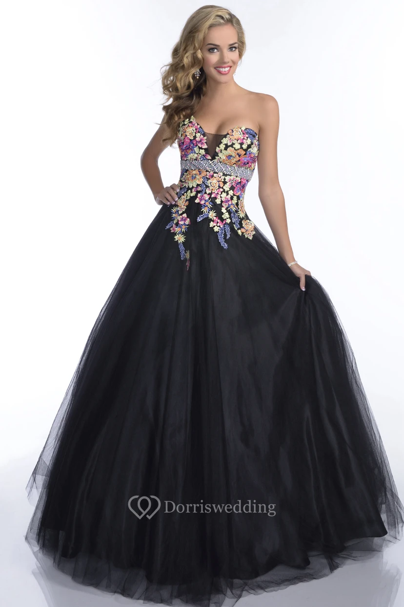 Sweetheart Sleeveless Tulle Prom Dress With Lace Appliques And Beaded Waistline