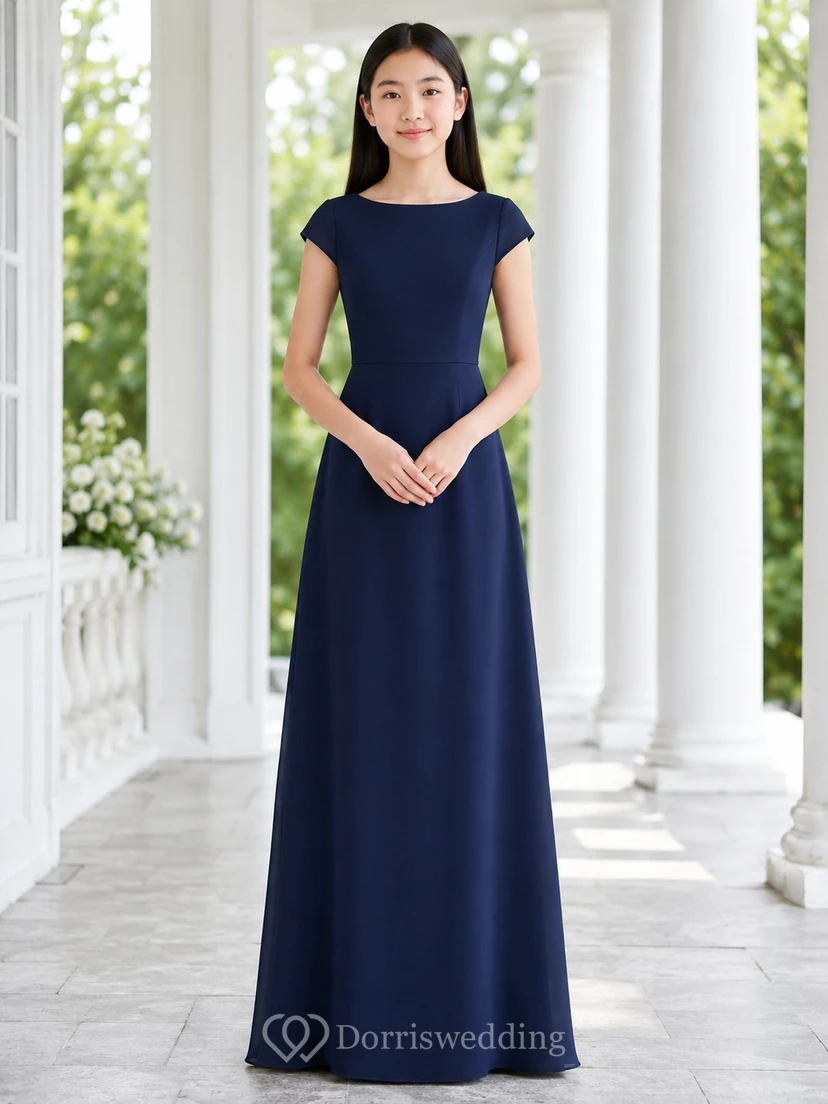 Dark Navy Junior Bridesmaid Dress Sheath Jewel Short Sleeve Cap Chiffon Elegant