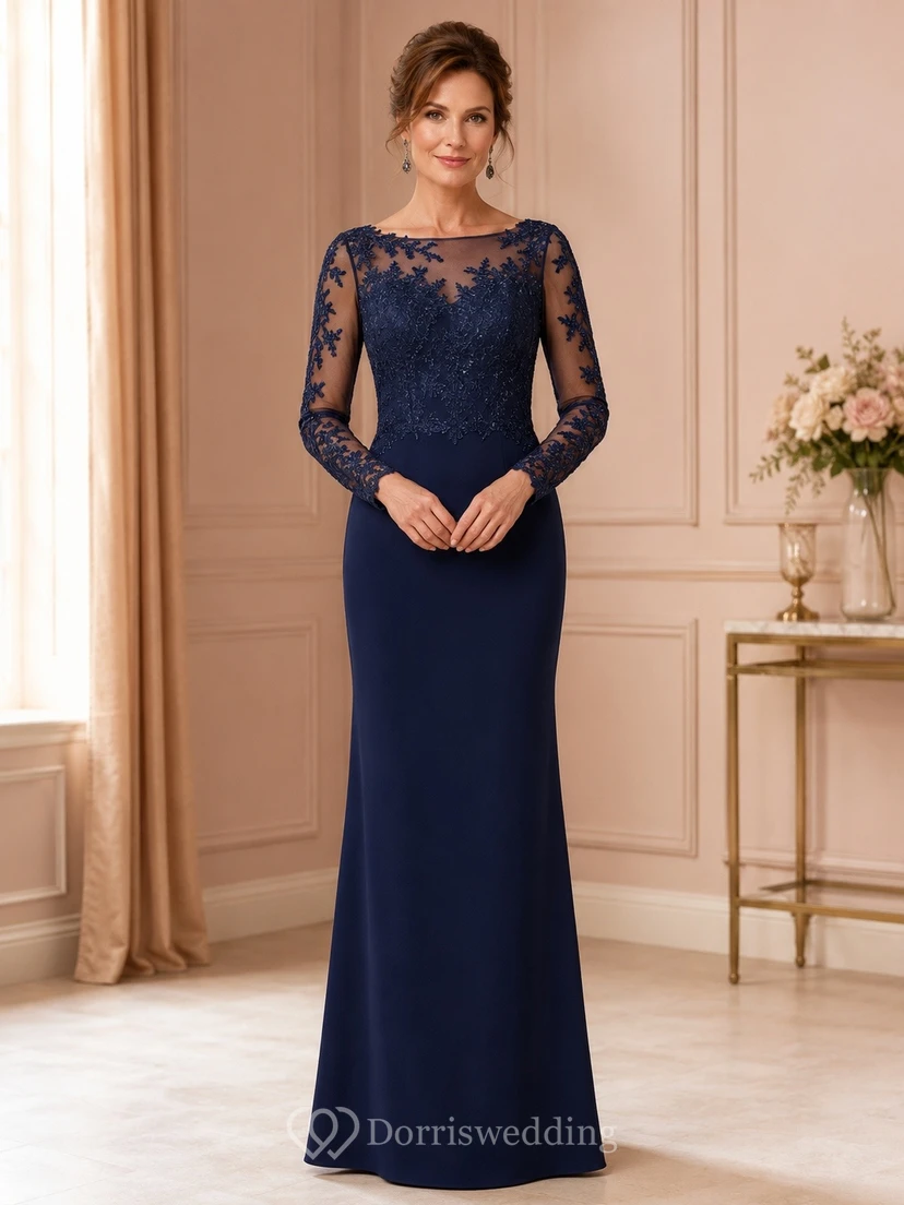Dark Navy Lace Illusion Long Sleeve A-Line Evening Gown Dress
