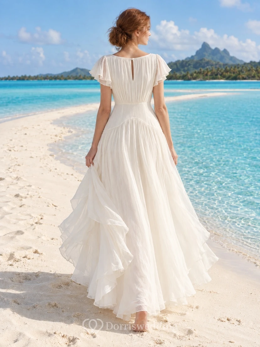 Schlichtes, teelanges Brautkleid mit juwelenbesetzten Flügelärmeln und fließenden Rüschen in A-Linie view 2