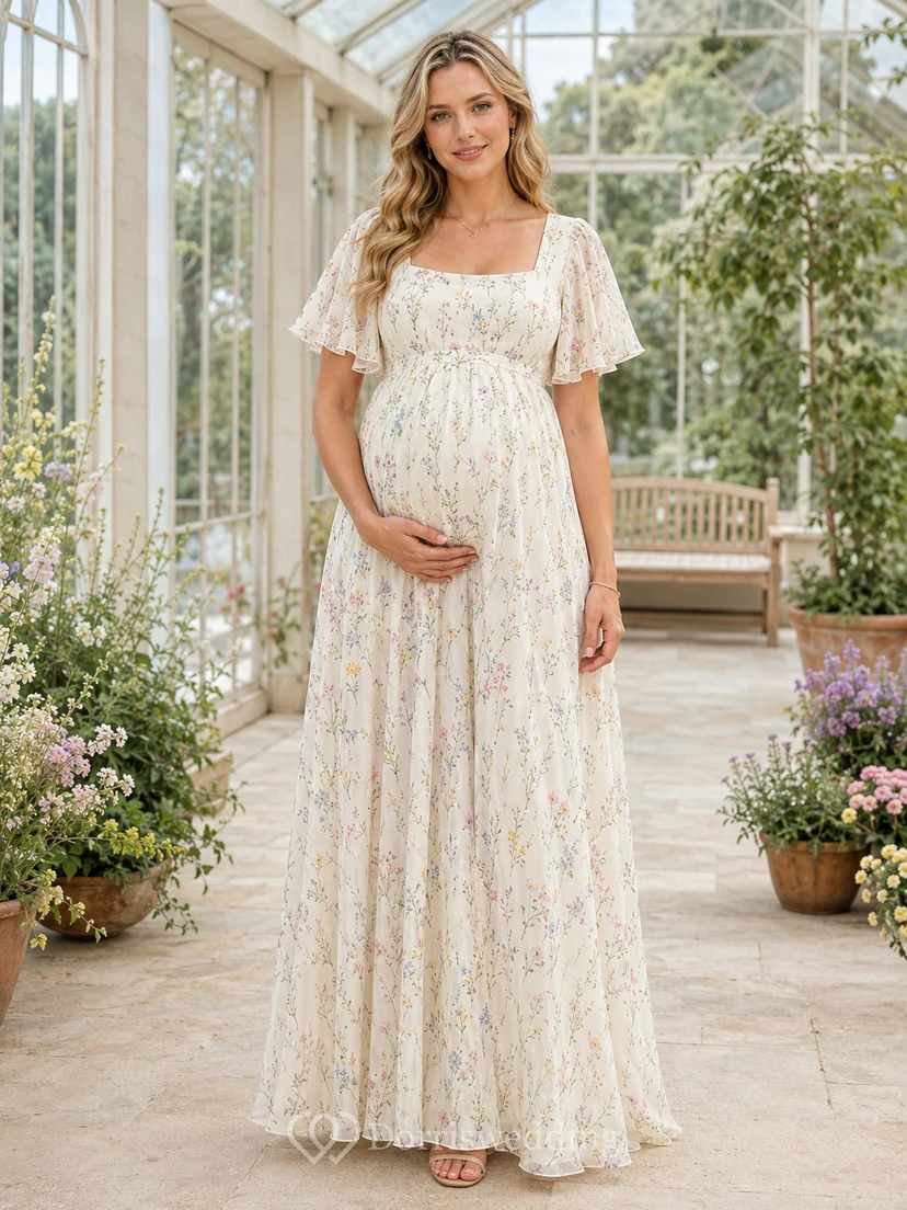 Robe de maternité crème à fleurs, col carré, manches papillon, coupe trapèze, longueur printemps