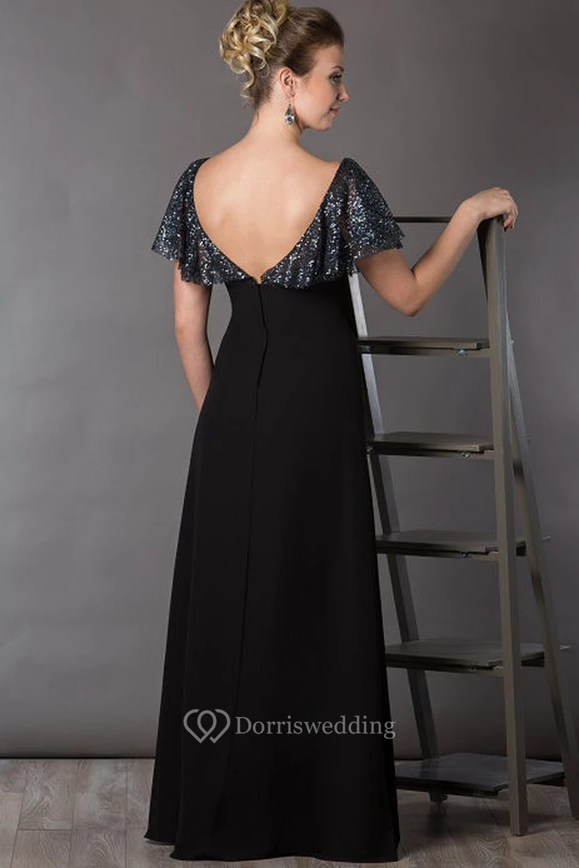 Bateau V Back Sequin Top Chiffon Long Mother Of The Bride Dress With Short Batwing Sleeve view 2