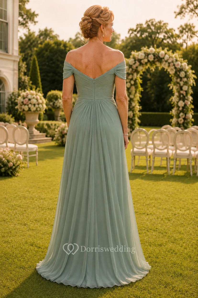 Salbeigrünes schulterfreies Chiffon-A-Linien-Kleid für Mütter view 2