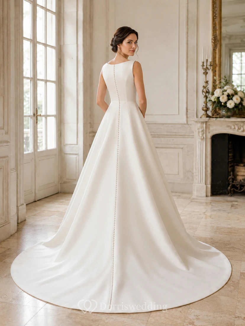 Vestido de novia minimalista de satén, estilo princesa, con escote barco, sin mangas y cola larga. view 2