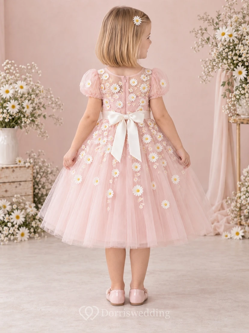 Teelanges, rosafarbenes, geblümtes Sommerkleid in A-Linie aus Tüll mit Puffärmeln und Schleife am Rücken für Blumenmädchen view 2