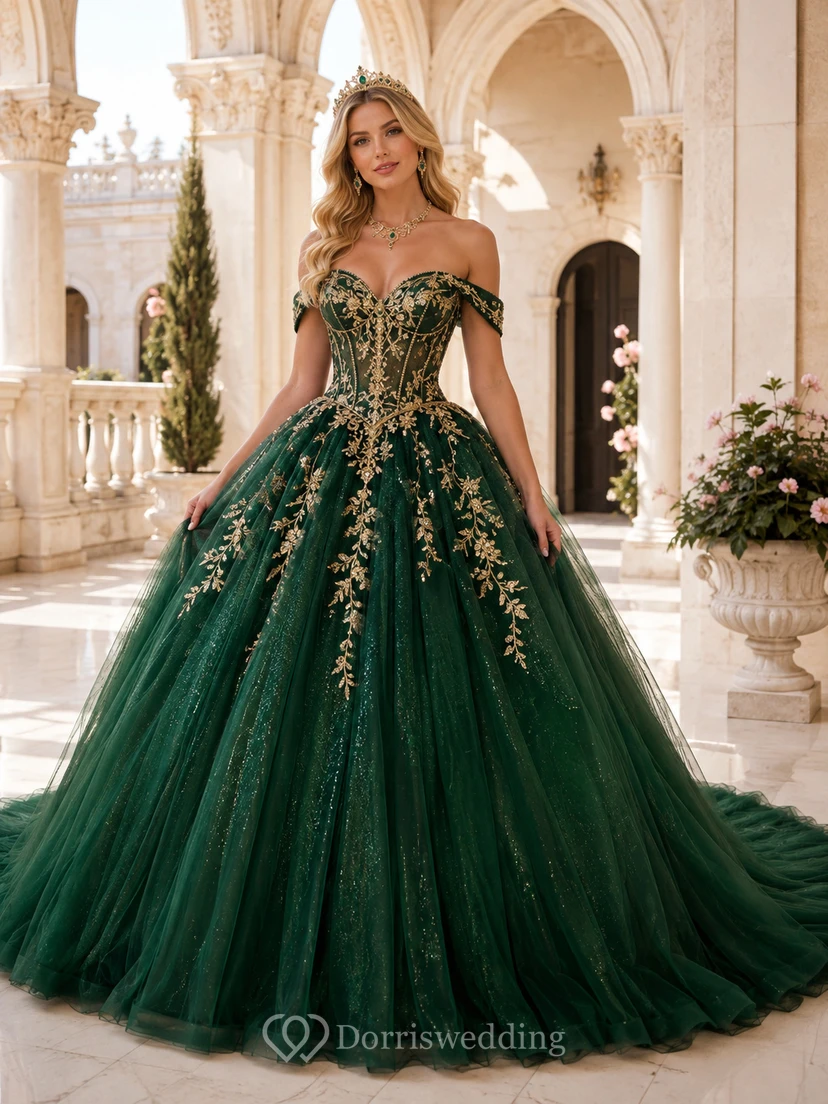 Dunkelgrünes schulterfreies, perlenbesetztes Tüll-Ballkleid mit Applikationen – Luxus-Stil für Quinceañeras