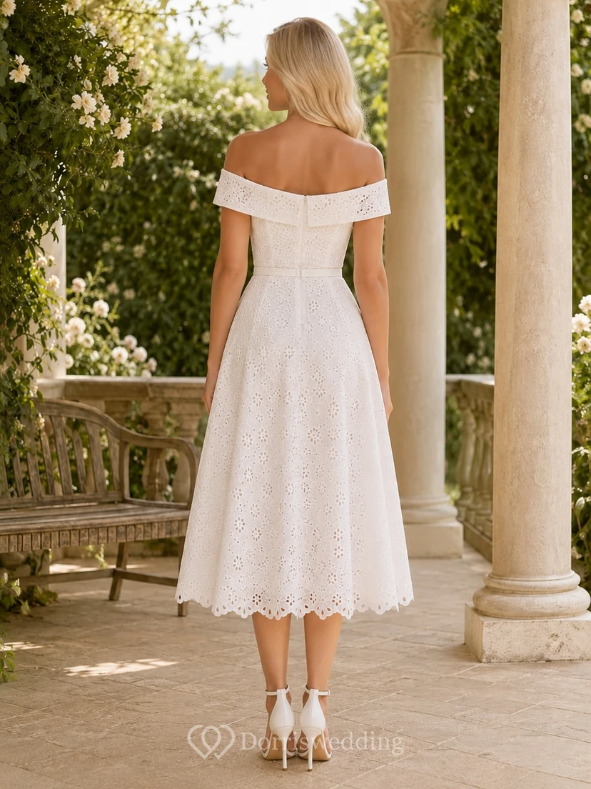White Off-Shoulder Eyelet Lace A-Line Tea-Length Romantic Summer Wedding Guest Dress view 2