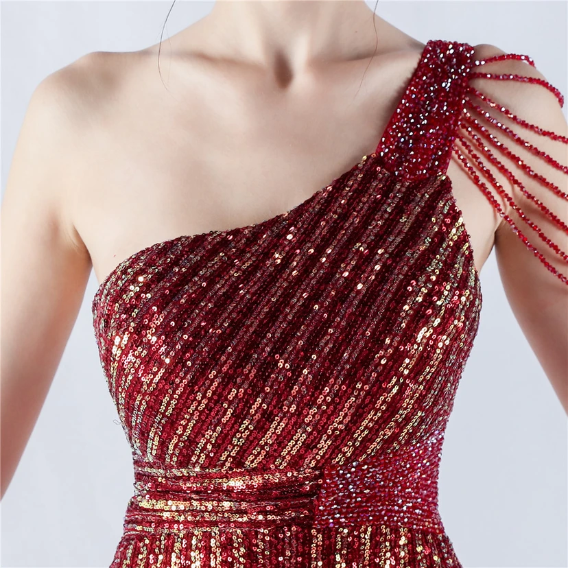 Heavy Beaded One-Shoulder Oblique Collar High Fork Sequin Dinner Dress view 17