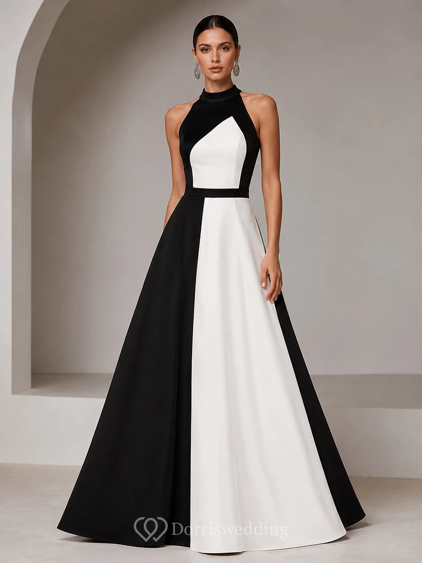Robe de soirée trapèze en satin, dos nu, sans manches, à plis color block, longueur au sol