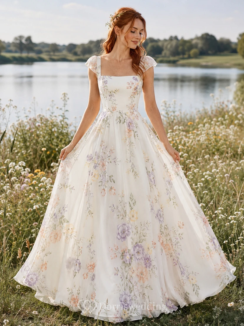 Vestido de té de gasa con estampado floral y escote cuadrado para la orilla del lago