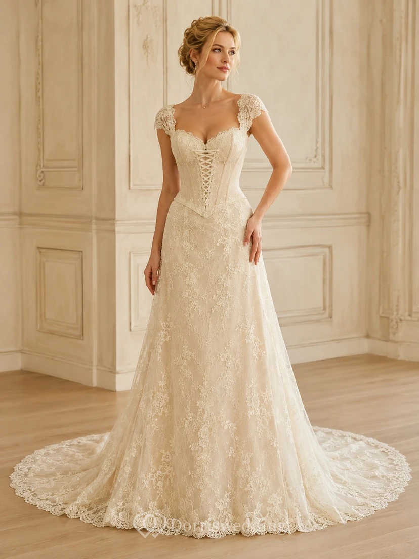 Vestido de novia vintage de corte A con corsé de encaje y mangas cortas