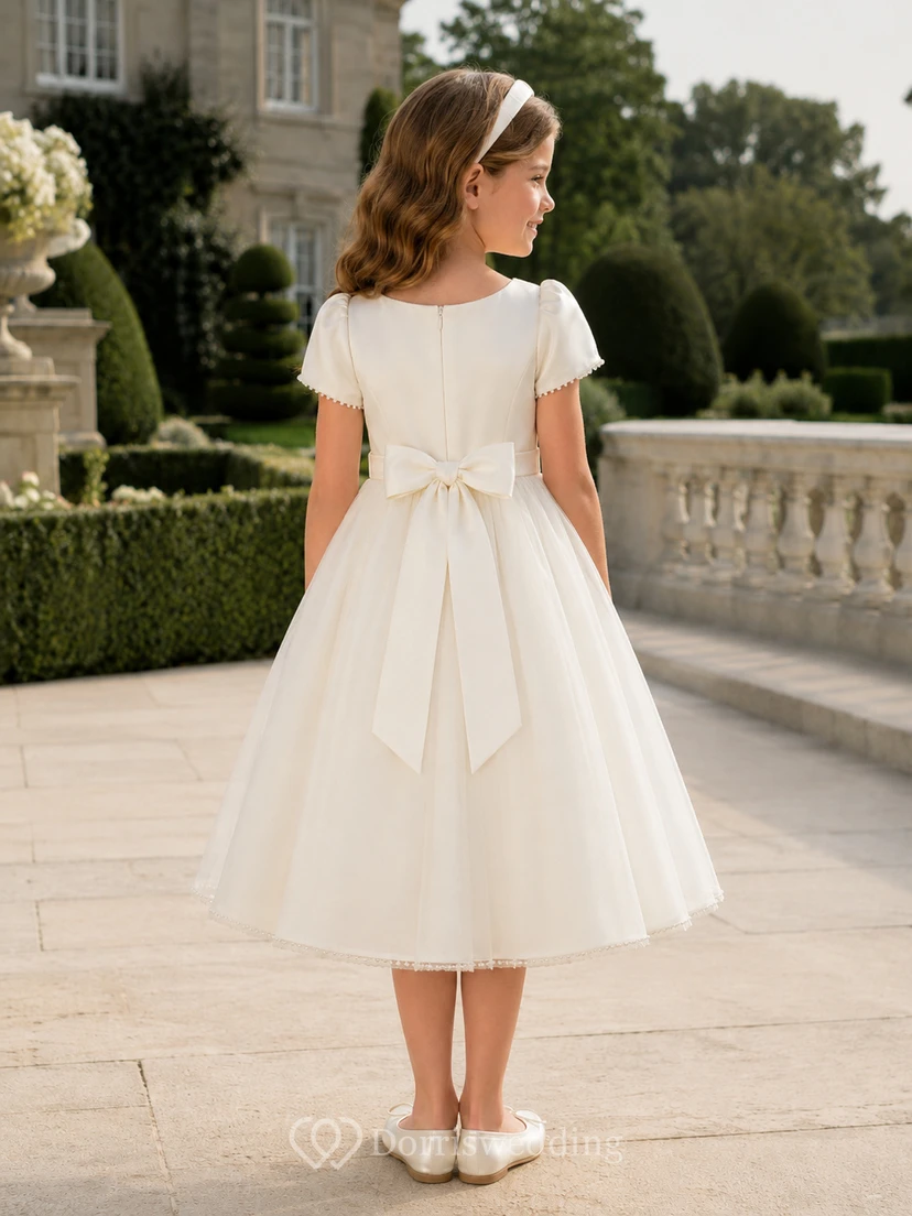 A-Line Old Money Flower Girl Dress with Cap Sleeves, Smooth Satin Bodice, Tea-Length Skirt, Rear Waist Bow, Refined Formal Style view 2
