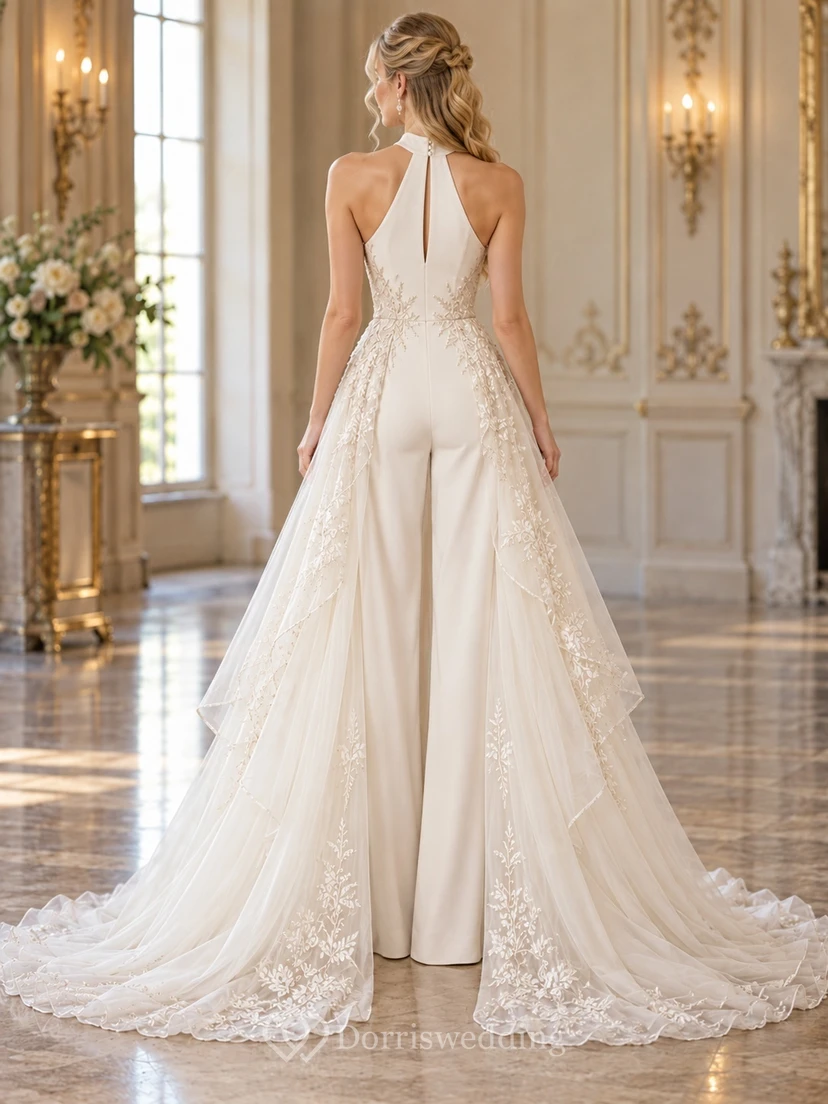 High Halter Floral Lace Wide Leg Overskirt Bridal Jumpsuit view 2