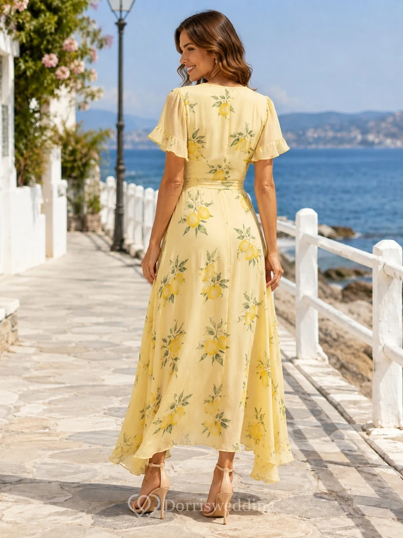 Vestido de verano romántico de manga corta y cuello en V con estampado de limones hasta los tobillos view 2