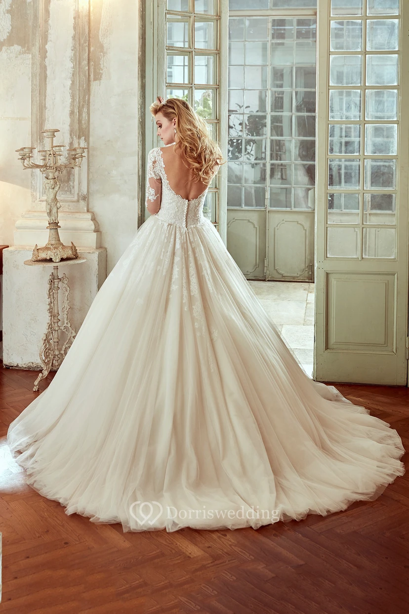 Long-Sleeve V-Neck Wedding Dress With Pleated Skirt And Open Back view 2