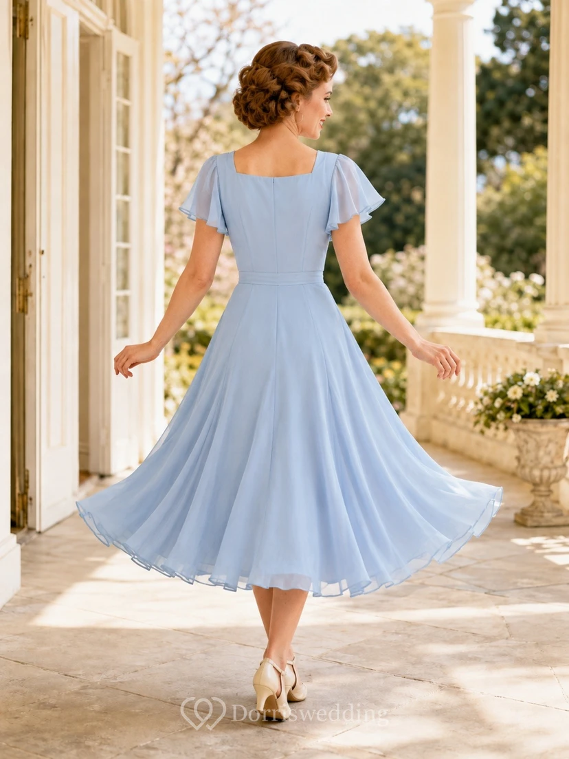 Robe vintage bleu ciel en mousseline, col carré, manches bouffantes, longueur thé, coupe trapèze, col carré et manches bouffantes view 2