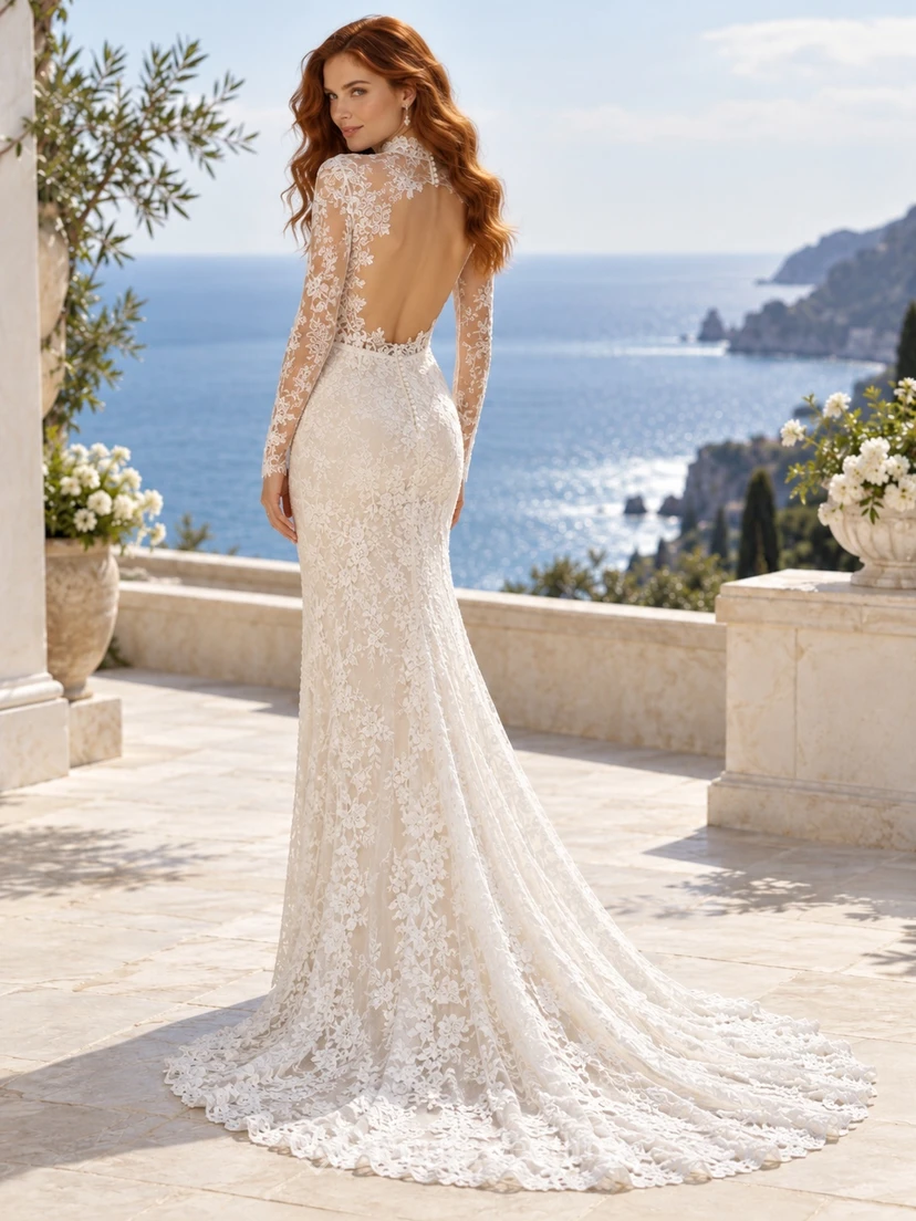 High Neck Long Sleeve Open Back Floral Lace Wedding Dress view 2