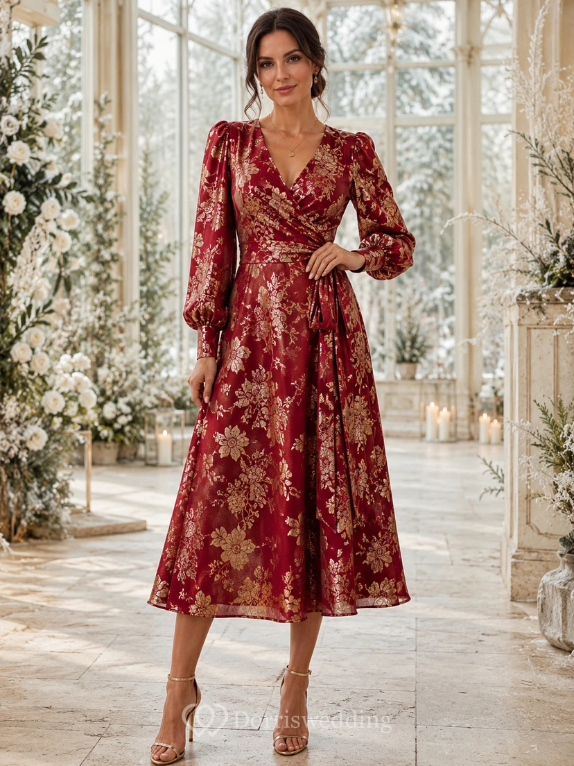 Red Gold V Neck Long Poet Sleeve Jacquard Guest Dress