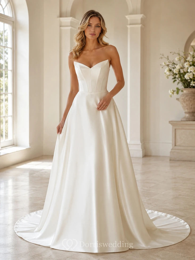 Vestido de novia de satén, corte A, sin tirantes, largo hasta el suelo, con escote en V en la espalda.