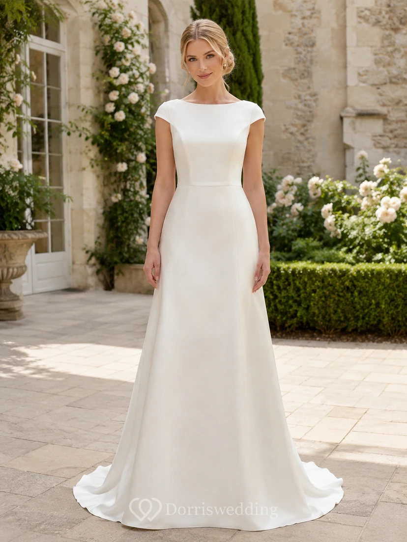 Robe de mariée en satin, coupe trapèze, col bateau, manches courtes, traîne.
