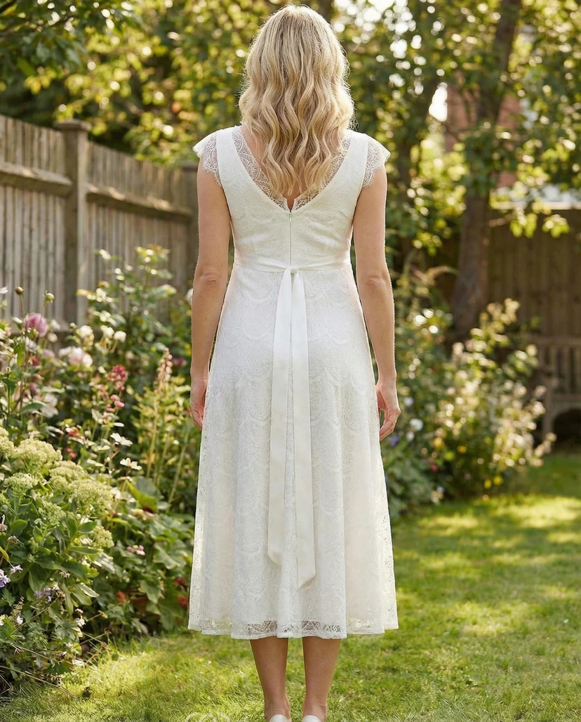 White Tea Length Lace Maternity Wedding Dress with Cap Sleeves view 2