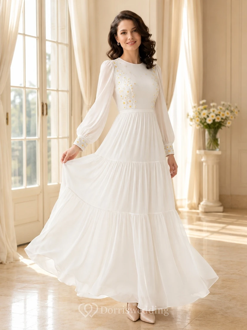 High Neck Long Sleeve Lace Tiered Floor-length A-line Romantic Modest Wedding Dress