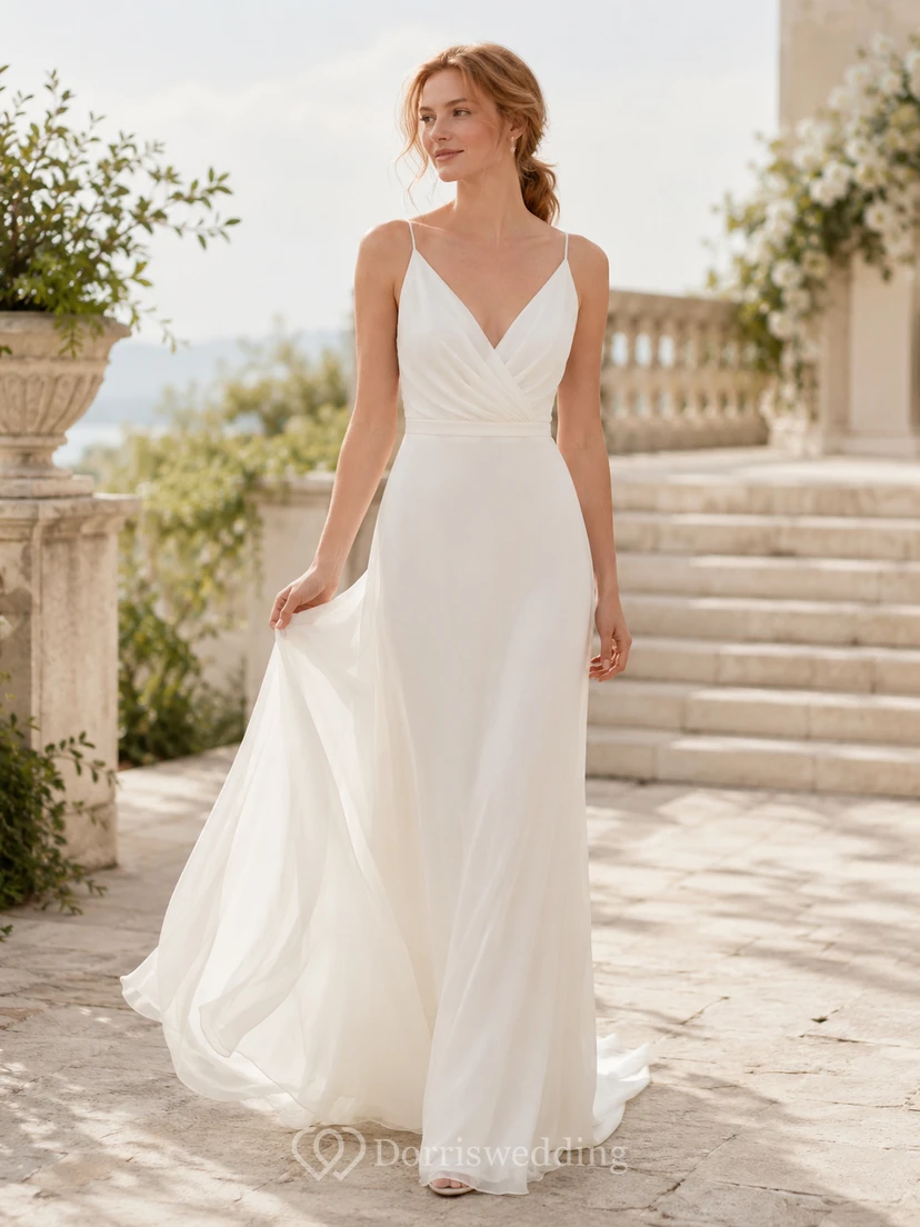 Chiffon Wedding Dress A-Line V-Neck Sleeveless Sweep Train Bridal Gown