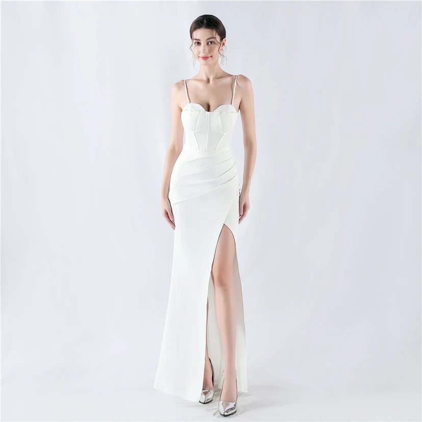 Fishbone Waist Strap Satin Host Meeting Evening Dress video preview