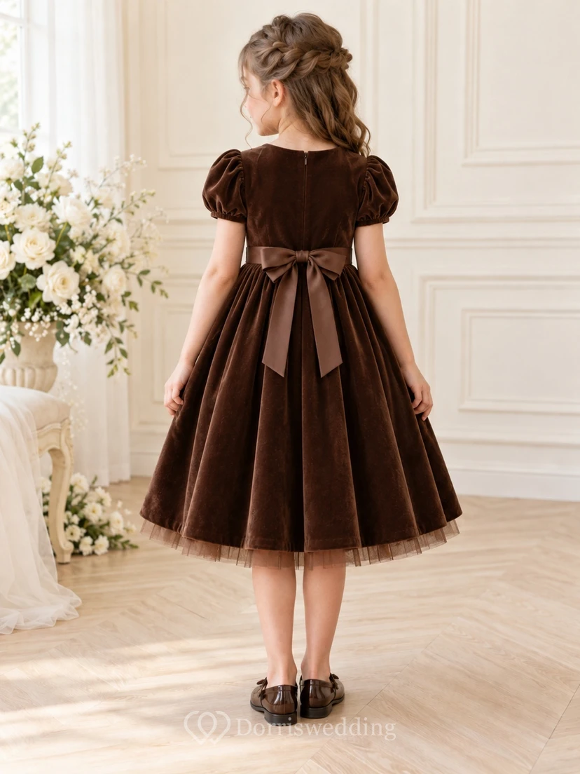 Tea-length Brown A-line Velvet Satin Tulle Puff-sleeved Scoop-neck Back-bowed Gathered Flower Girl Dress view 2