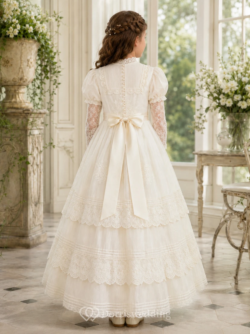 Viktorianisches Ballkleid mit Puffärmeln und Stufen aus Spitze für die Erstkommunion view 2