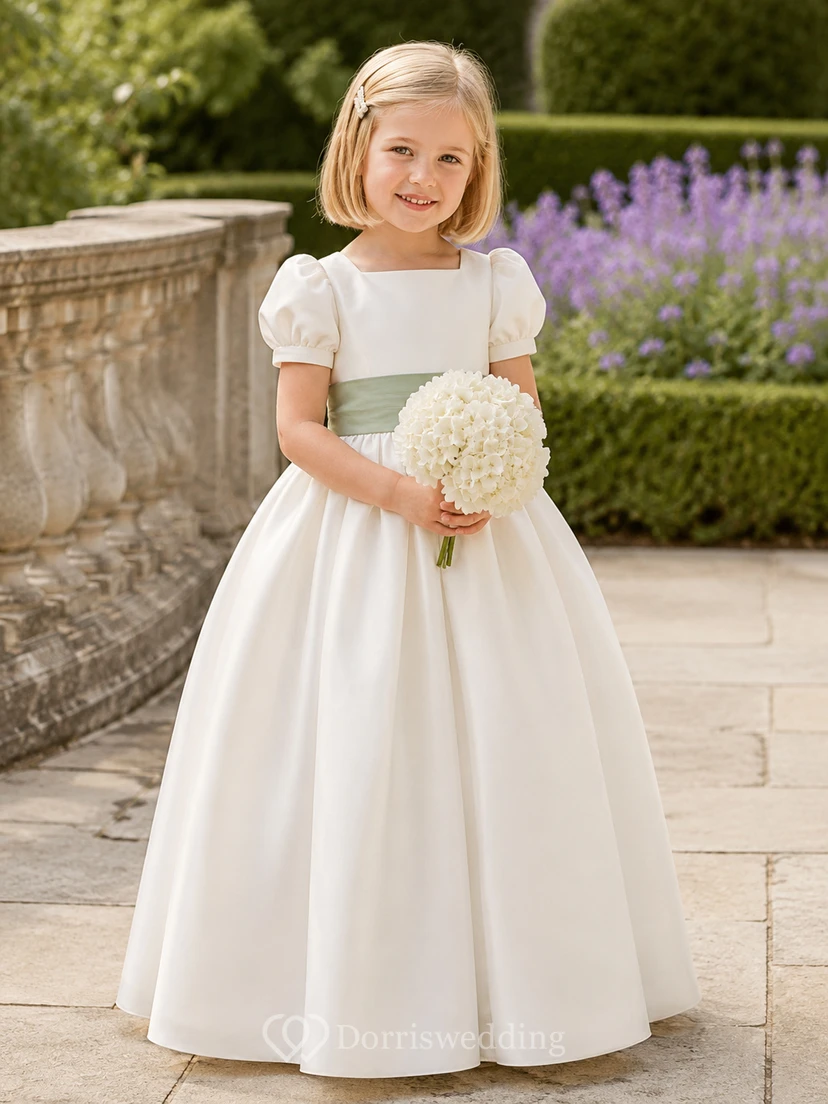 Vestido de niña de flores de satén color marfil con corte en A, mangas cortas abullonadas, escote joya y falda a la altura de la rodilla con detalles de lazos.